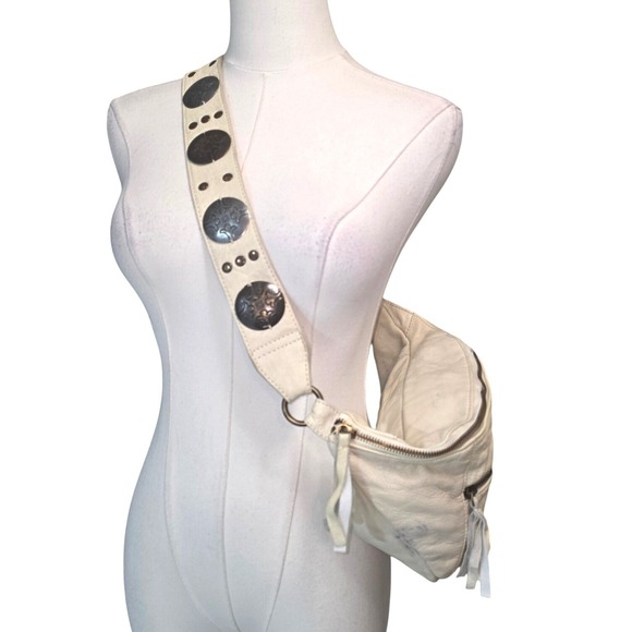 Free People Cream Leather Studded Belt Bag Fanny Pack Crossbody - Picture 6 of 14